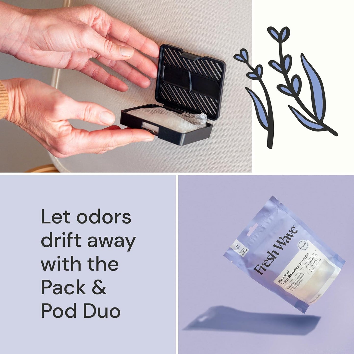 Fresh Wave Lavender Odor Eliminating & Deodorizing Packs | Bag of 6 & Fresh Pod Case | Safer Odor Relief for Small Spaces | Natural Plant-Based Odor Eliminator | Odor Absorbers for Home