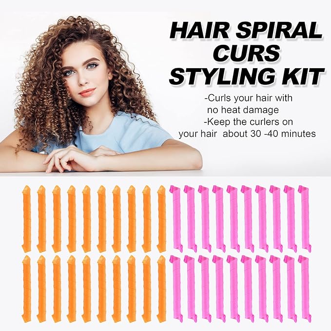 40pcs Heatless Spiral Hair Curlers for Long Hair - Heatless Curls Overnight 22inch Magic Magic Hair Rollers No Heat Curlers with 6pcs Styling Hook