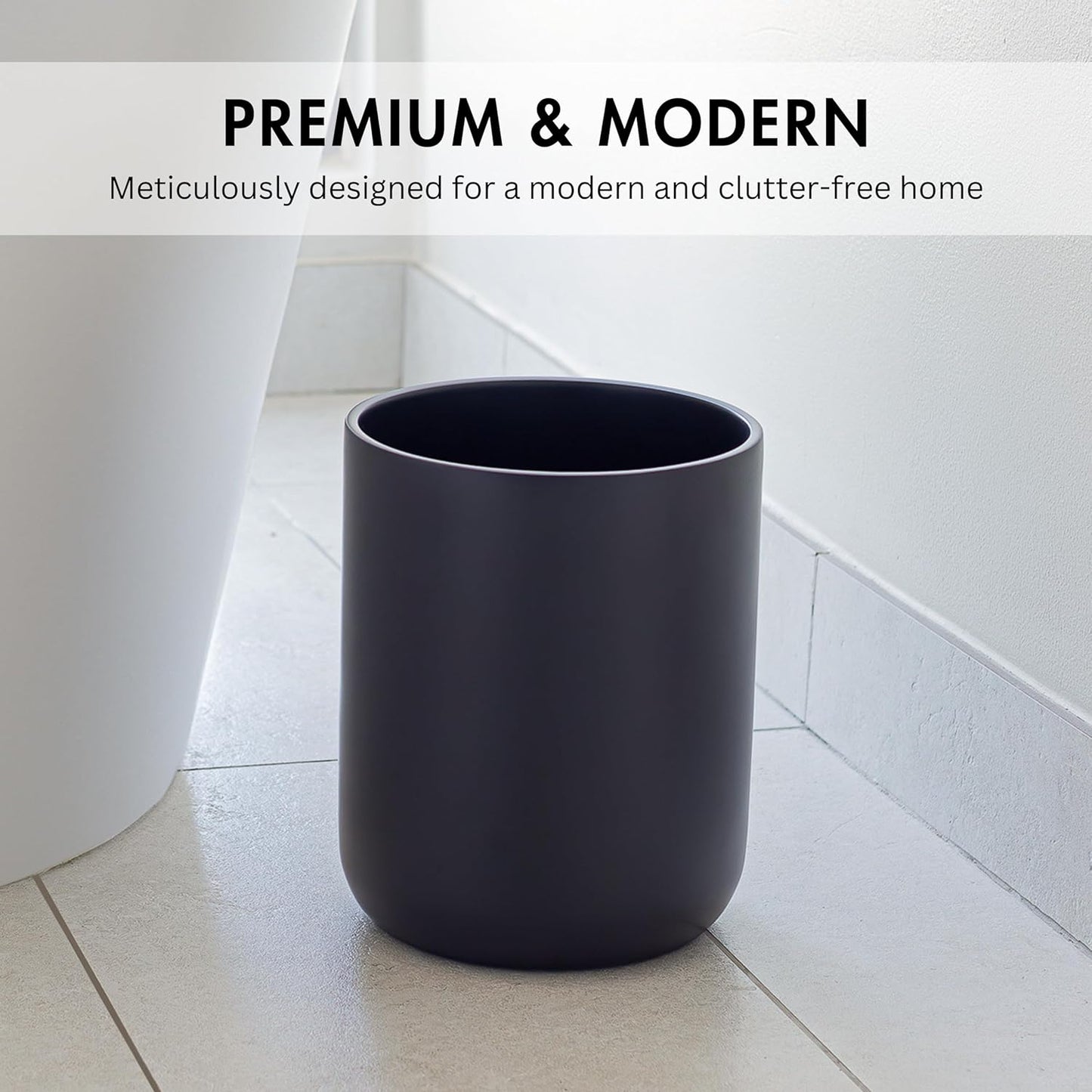 Matte Black Round Compact Trash Can Mini, 2 Gallons / 7.5L Garbage Bin, Tiny Wastebasket for Bathrooms, Office, Under Desk, Bedroom, Laundry Room, Kitchen, Kids Room, and Dorm