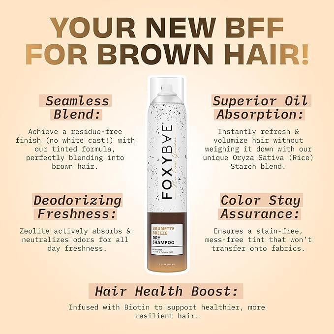 FoxyBae Brunette Breeze Dry Shampoo – Biotin-Infused Refreshing Spray for Dark & Brunette Hair – Volumizing, Deodorizing & Sulfate-Free Formula – 7 fl oz