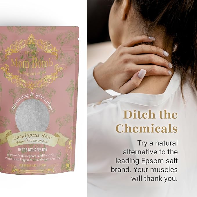 Mom Bomb Eucalyptus and Rose Epsom Salt Bath Soak – Natural Magnesium Salt with Essential Oils – Relaxing Aromatherapy for Stress Relief, Muscle & Foot Soak – Made in USA, 3 lbs