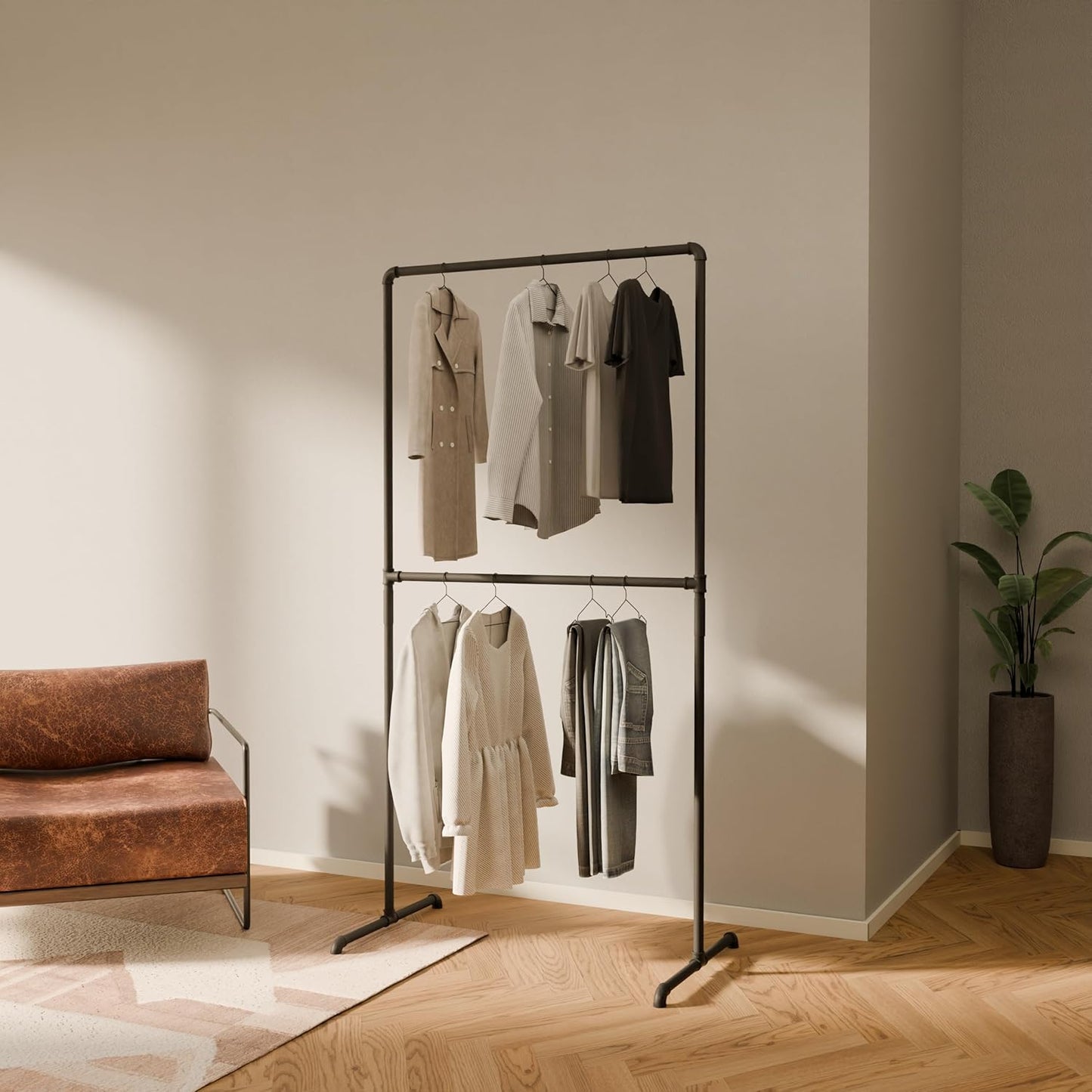 pamo Industrial Pipe Clothing Rack with Shelf - 130 lbs Capacity - Free Standing Clothes Rack and Walk In Closet for Wardrobe