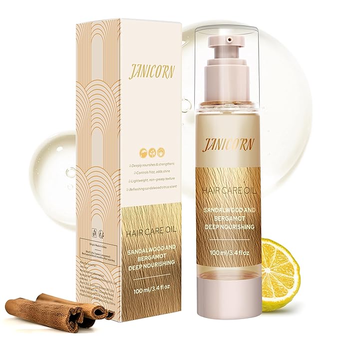 Leave-In Hair Oil with Sandalwood & Bergamot Essential Oils – Lightweight Frizz Control, Shine Enhancer & Heat Protection for Daily Hair Care – No-Rinse Oil, 3.4 fl oz (100ml)