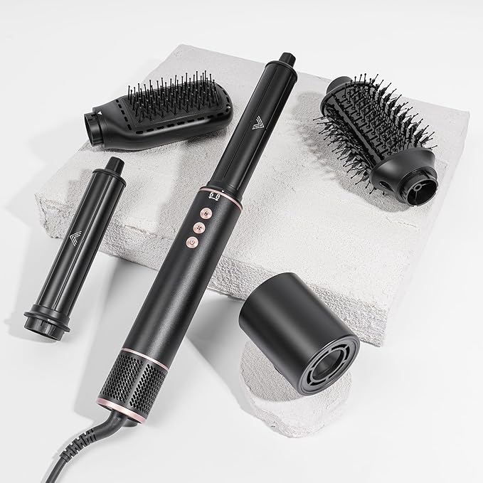 Hair Dryer Brush 5 in 1 Autowrap Hot Air Hair Styler with High-Speed Aluminum Alloy Blow Dryer Brush Volumizing, Straightening & Fast Drying with Negative Ion, No Heat Damage, Black