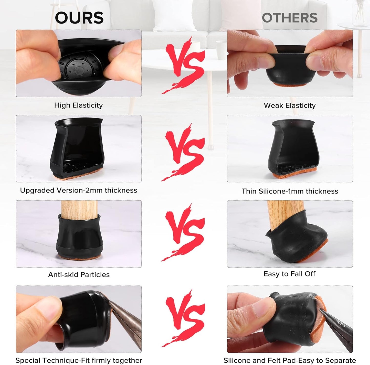 24PCS Upgraded Silicone Chair Leg Floor Protectors for Hardwood Floors, Furniture Sliders for Chair Legs, Felt Bottom Furniture Pads, Anti-Slip Round&Square Cap Covers to Scratch and Reduce Noise