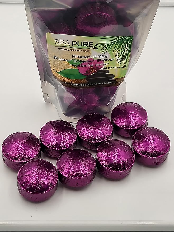 Spa Pure Headache Relief Aromatherapy: Shower Bombs USA Made with 100% Natural/Organic Essential Oils - Lavender, Eucalyptus - Transform Your Shower (8 Count) Pack of 1