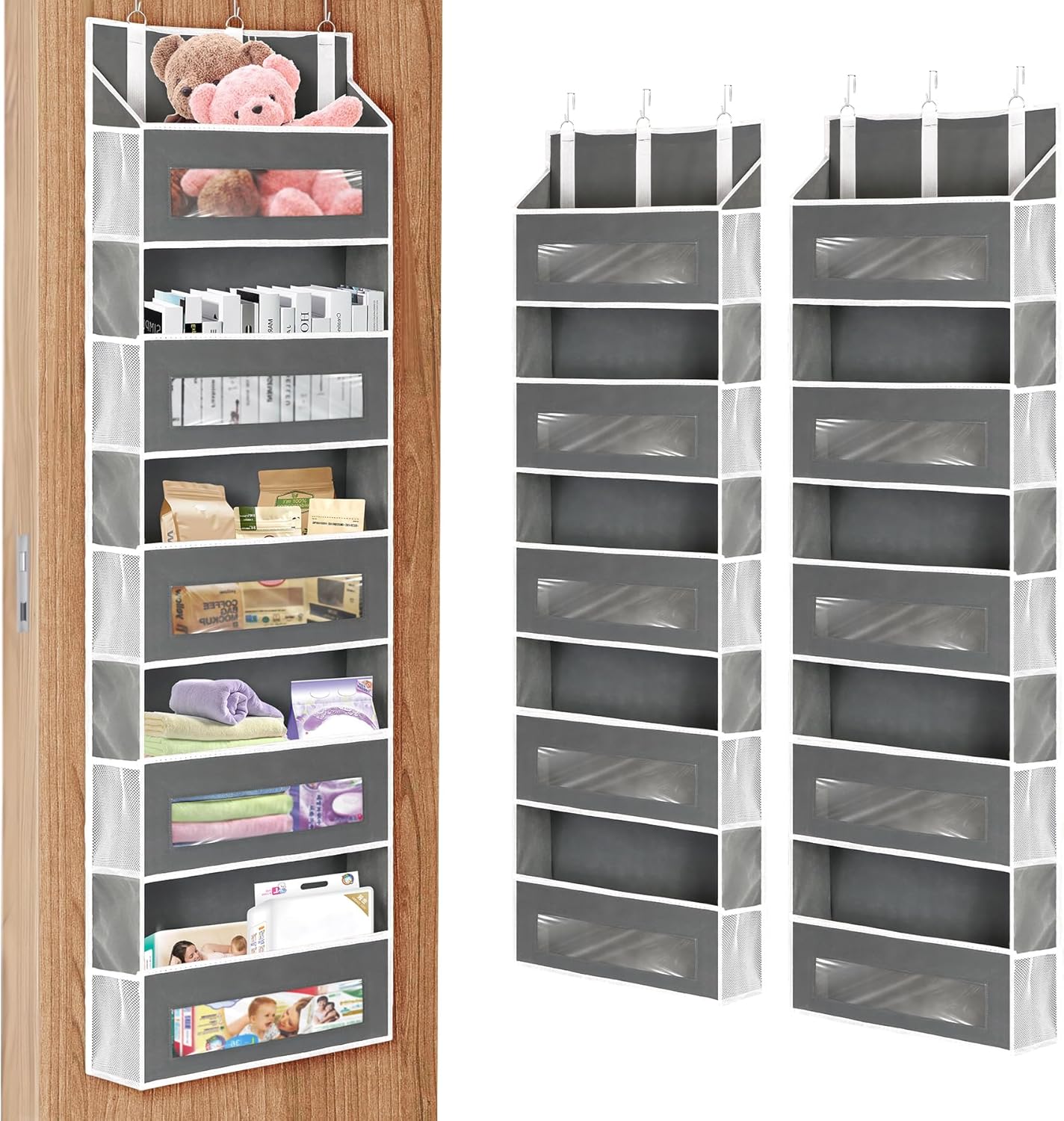 2 Packs 5-Tier Over The Door Organizer with 10 Side Mesh Pockets, 48 lbs Load Capacity, 3 Hooks Design, Hanging Organizer with Clear Windows for Bathroom, Bedroom, Nursery, Kitchen-Grey