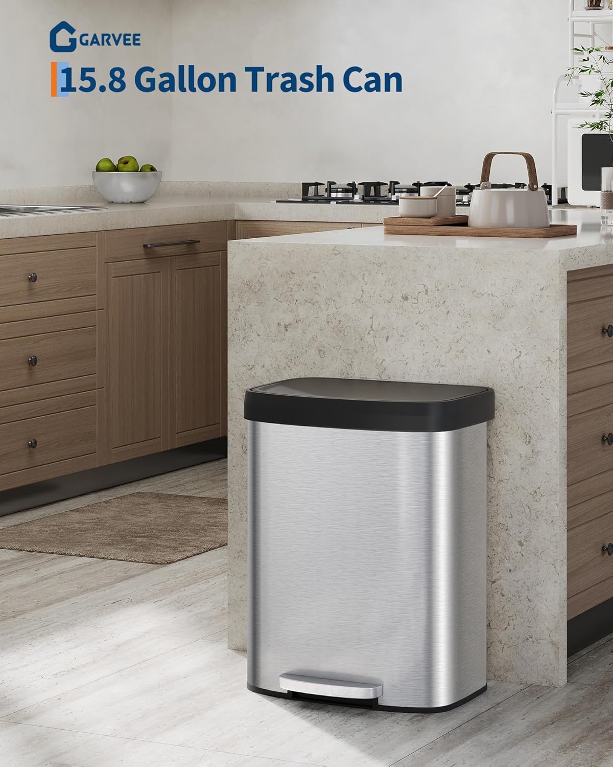 Garvee 16 Gallon / 60 Liter Stainless Steel Trash Can with Lid, Large Garbage Can for Kitchen, Rustproof Step-on Kitchen Metal Trash Bin with Liner Rim, Rear Handle, Soft Close Plastic Lid, Silver
