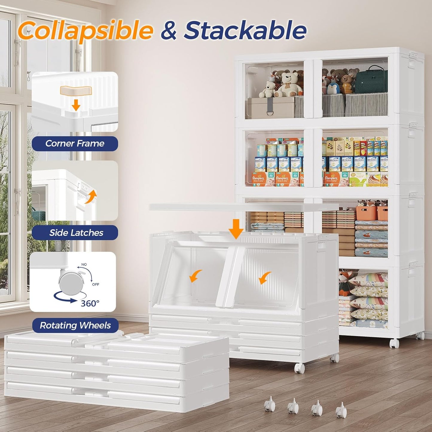 250GAL Large Stackable Storage Bins with Lid and Wheels, 1000Qt Collapsible Organizer Cabinet with Clear Door, for Closet, Bedroom, Kitchen, Garage, 5-Pack White