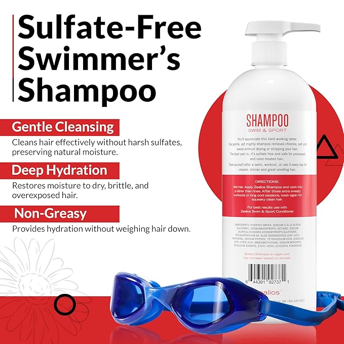 Zealios Swim & Sport Clarifying Shampoo, 32 oz Pump Bottle for Extremely Damaged Hair, Pool Hair Repair & Protector - Sulfate-Free, Moisturizing Chlorine & Salt Removal, Color-Safe, Citrus Scent