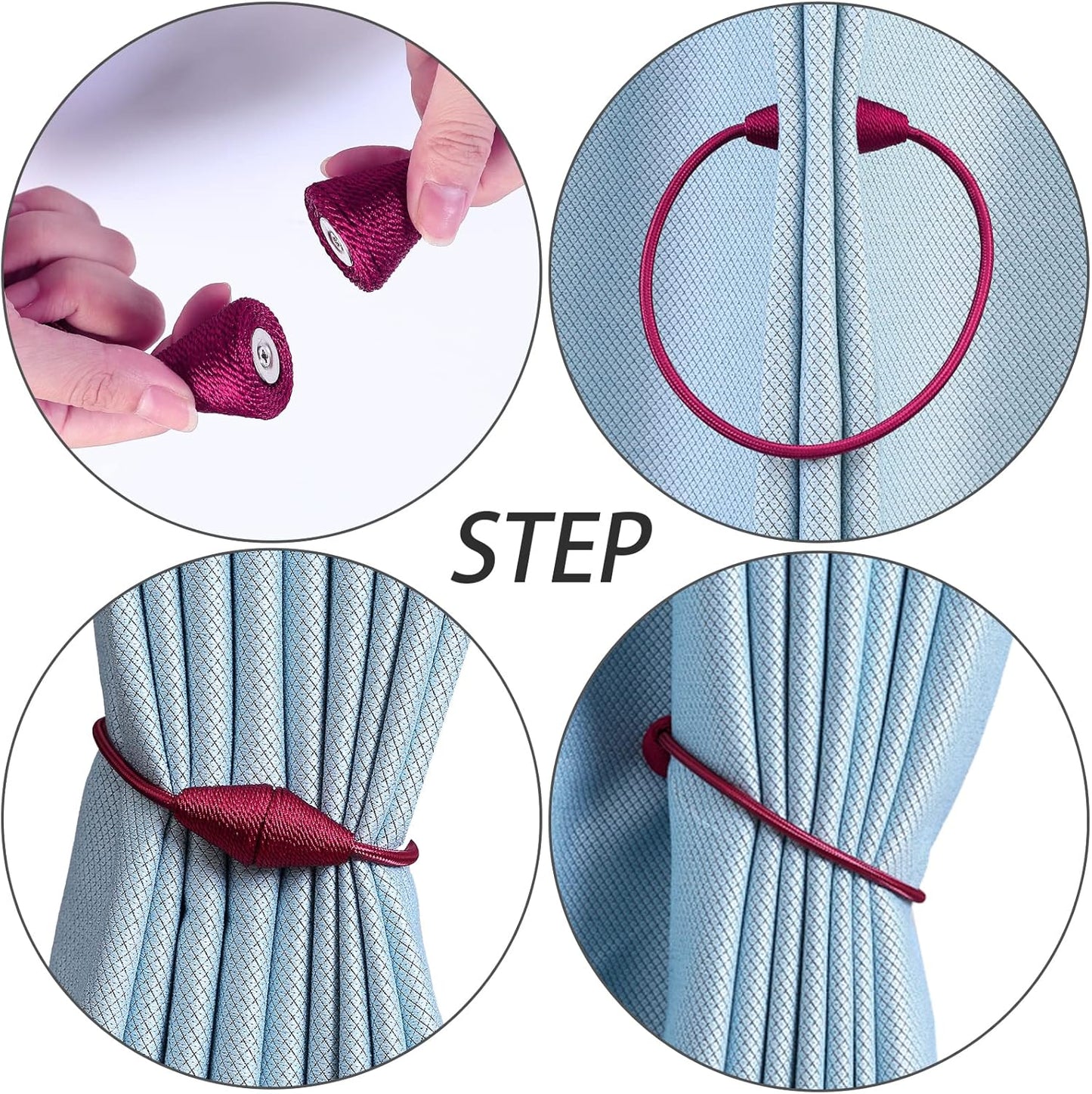 2 PCS Magnetic Curtain Tiebacks, European Style Convenient Drape Tie Backs Holdbacks for Thin or Thick Home & Office Window Draperies, No Tools Required-Burgundy