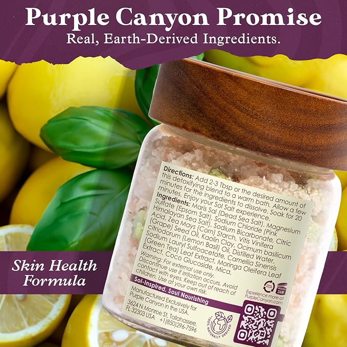 Purple Canyon SolSalts Matcha Detox Bath Salts with Clay Crumbles | Lemon Basil Scented Soak with Green Tea & Grape Seed Oil