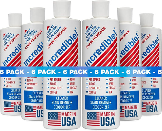 INCREDIBLE! Stain Remover - Commercial Pack Quantity, Professional Stain Cleaner For Carpets, Fabric, Linen, Laundry, Mattress, Car Upholstery – Pet Stains, Urine, Blood, Red Wine, 16.oz, Pack of 6