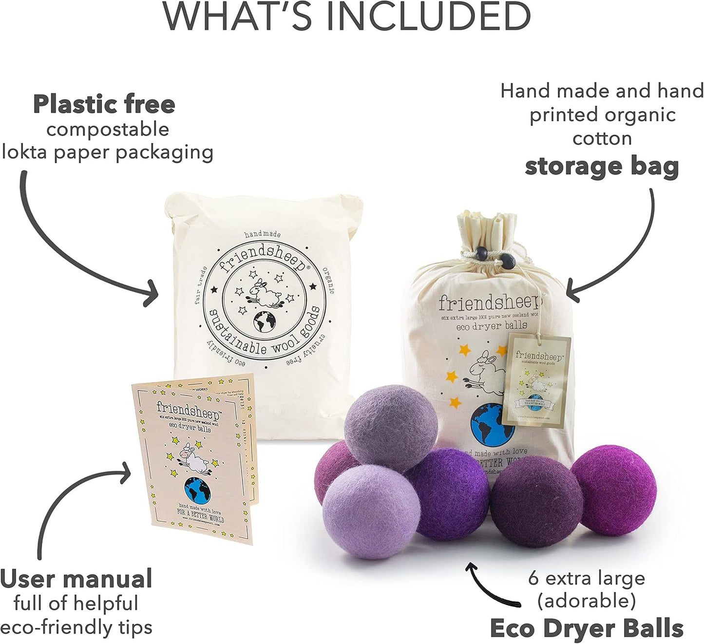Friendsheep Wool Dryer Balls Purple 6 Pack XL Organic Premium Reusable Cruelty Free Handmade Fair Trade No Lint Fabric Softener Color - Purple Haze