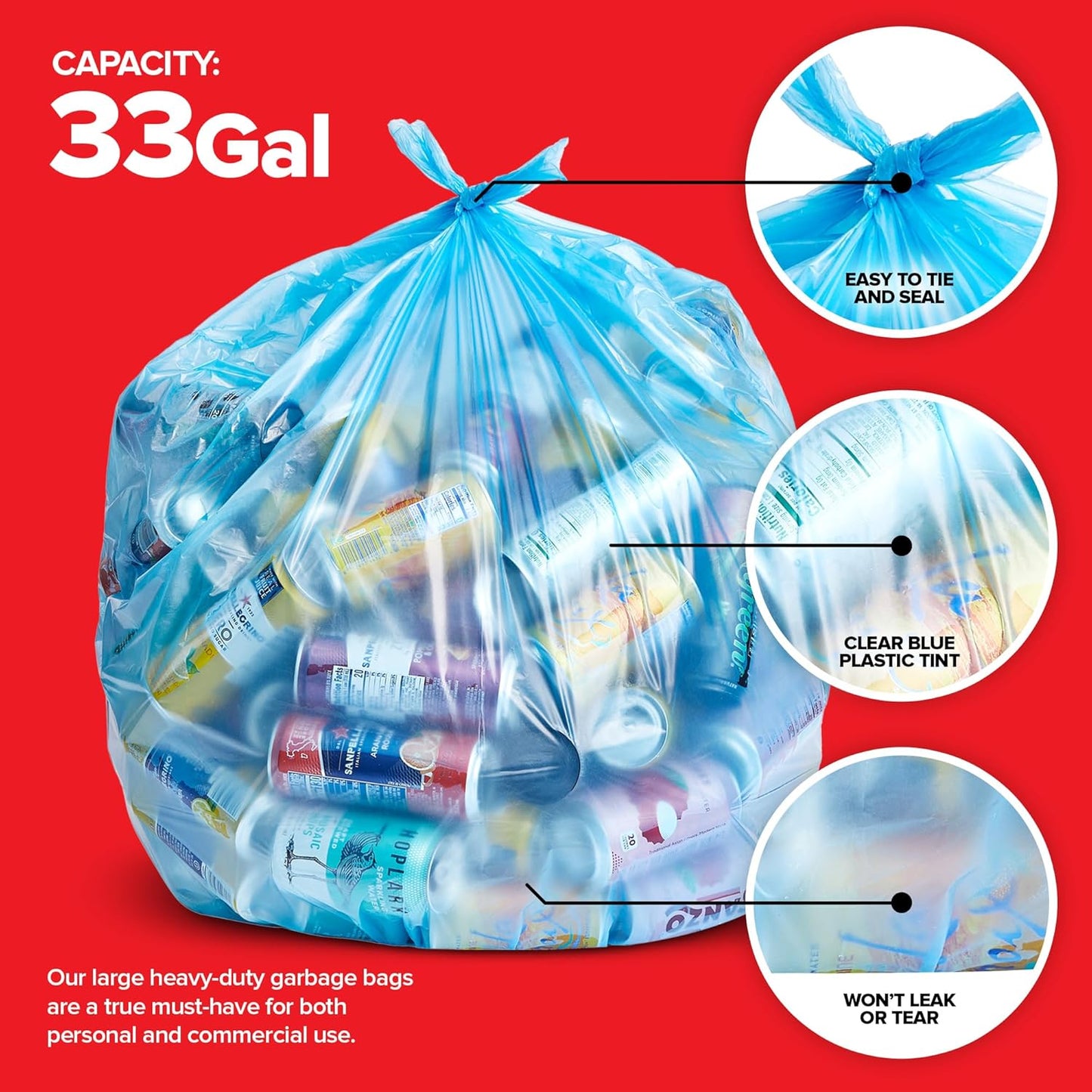 Heavy-Duty Blue Recycling Bags, 60-Pack Blue Garbage Bags For Recycling | 33-Gallon Capacity| Commercial, Industrial or Home Use