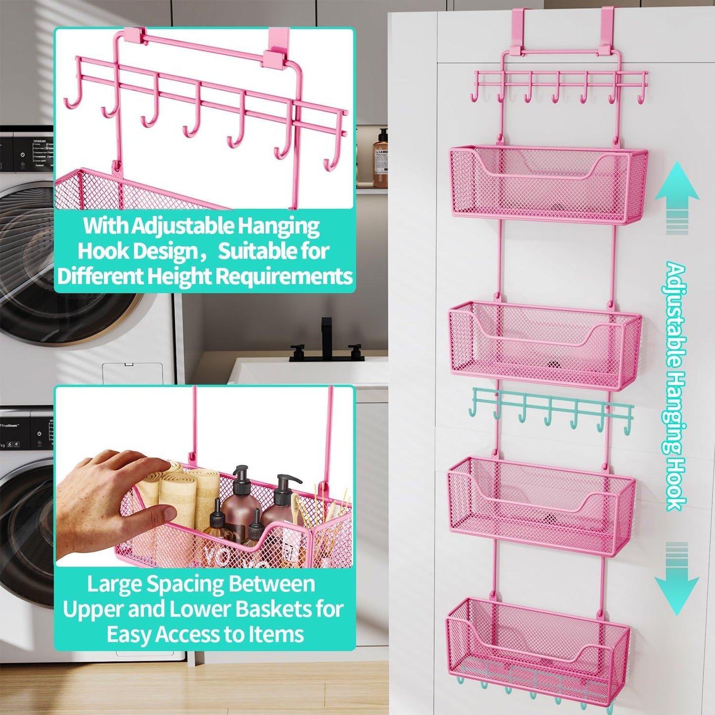 HapiRm Over Door Organizer Storage - Hanging Door Organizer with 4 Metal Large Capacity Baskets and Adjustable Coat Hook for Bathroom Bedroom Kitchen Pantry Closet Cabinet