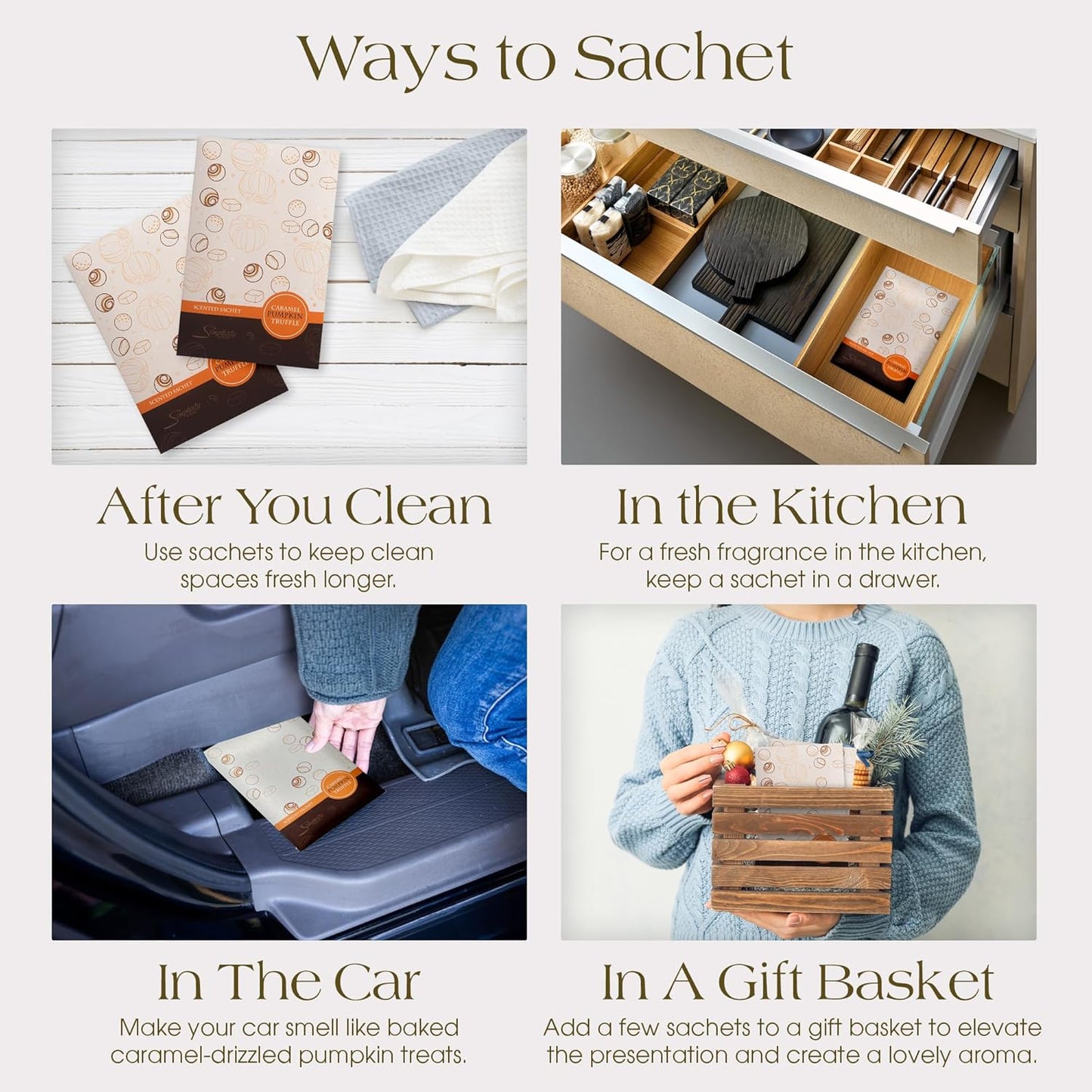 Floral Simplicity Caramel Pumpkin Truffle Scented Sachets Pack of 3, Fall & Winter - Long-Lasting Scented Bags, Home Fragrance, Air Freshener & Deodorizer for Closet, Room, or Cars, Made in USA