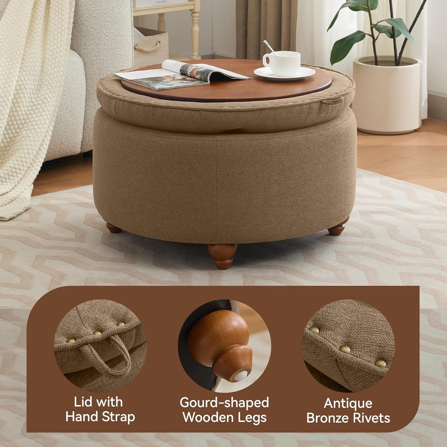 30Inch Round Storage Ottoman with Tray, Modern Tufted Fabric Circle Coffee Table with Storage, Upholstered Ottoman with Removable Top for Living Room, Bedroom, Brown