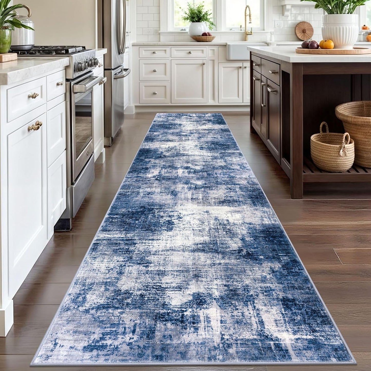 IOHOUZE Abstract Runner Rug 3x12 Ft Washable Runners for Hallways, Non Slip Kitchen Runner Printed Faux Wool Entryway Runner Indoor, Modern Abstract Floor Carpet for Hall Kitchen, Navy/Grey