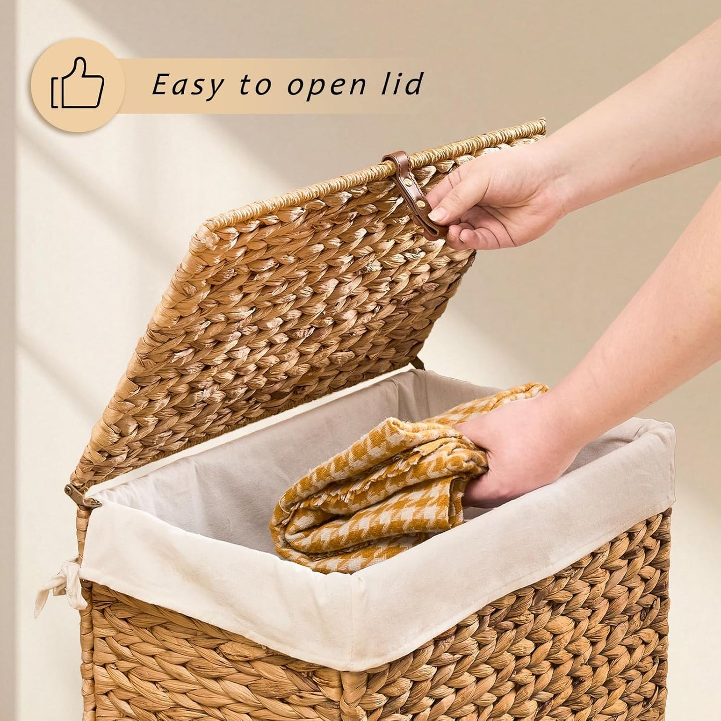 Handwoven Laundry Basket with Lid, Natural Water Hyacinth Storage Basket with Handle, Removable Cotton Liner, Durable and Stylish for Bedroom, Bathroom, Laundry Room