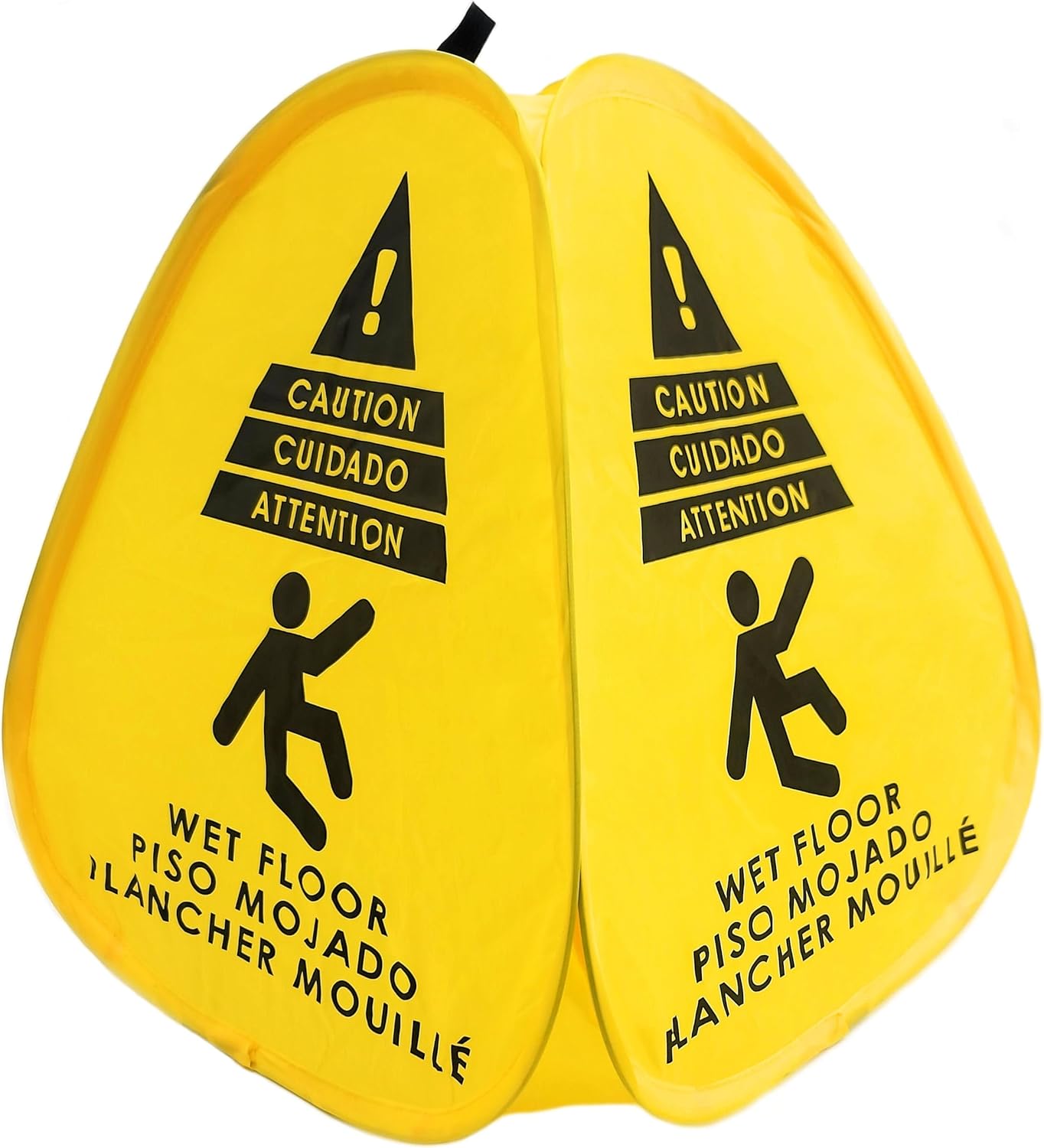 Kraken Sign Co - Pop-up Sign, Yellow 4-Sided Bilingual Trilingual English/Spanish/French Warning, Pop-up Caution Wet Floor Sign 16 inch for Restaurant, Commercial and Industrial Safety. Foldable, Portable, Durable (Yellow, 3 Pack)