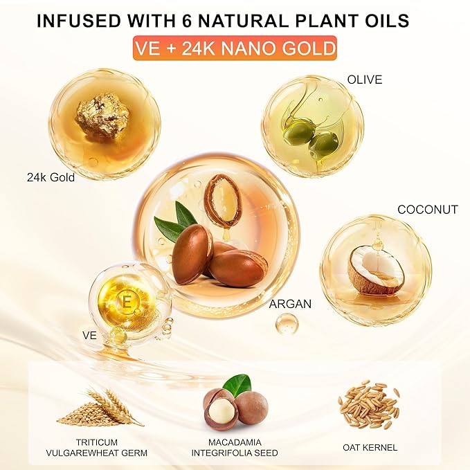 24K Gold Hair Oil, Repair Shine Serum with Coconut, Argan & Olive Oils - Heat Protectant and Frizz Control - Vegan, Lightweight Leave-In Treatment for Dry Damaged Hair (2.02 Fl Oz (Pack of 2))