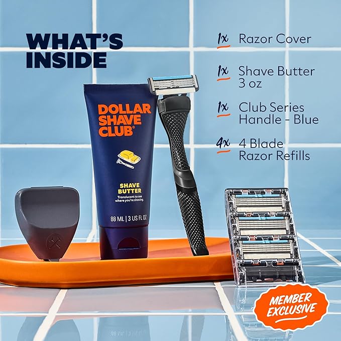 Dollar Shave Club | The Member Exclusive Shave Set | 4 Swift Rinse Refill Cartridges, 1 Handle (Black), 1 Shave Butter 3 ounce, 1 Razor Cover, Razors for Men