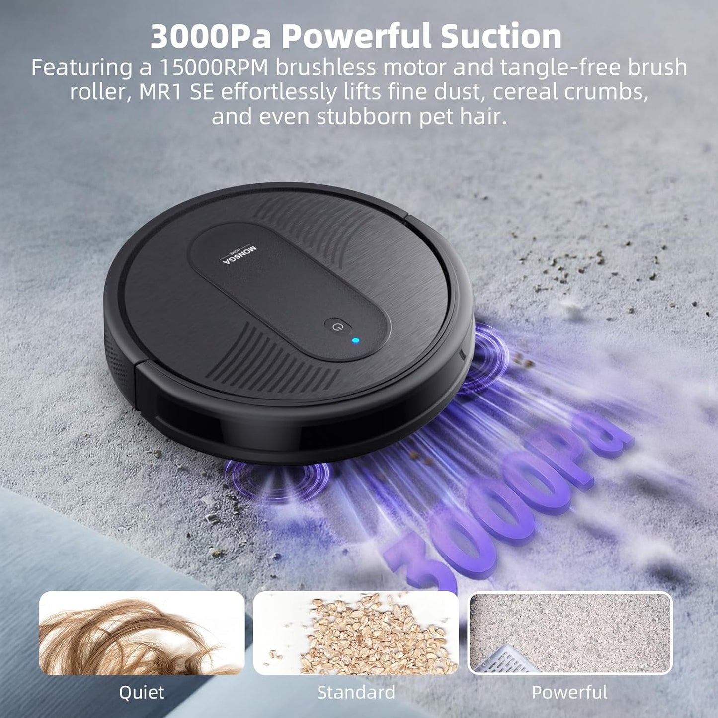 MONSGA Robot Vacuum Cleaner, 3000Pa Powerful Suction Robotic Vacuum, 3.2" Super-Slim, 140Min Runtime, Vacuum Robot for Hard Floor/Low Pile Carpet/Pet Hair, Remote/App/Voice Control, Schedule Clean