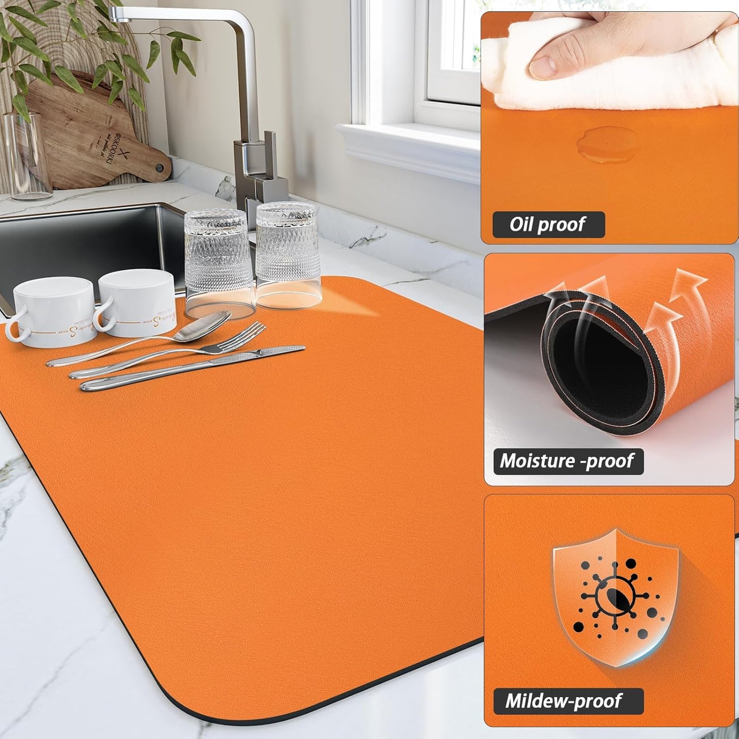 Dish Drying Mat for Kitchen Counter, Heat Resistant Drainer Mats with Non-slip Rubber Backed, Hide Stain Kitchen Super Absorbent Draining Mat, Easy to Clean Dish Rack Pad, Orange 18"x24"