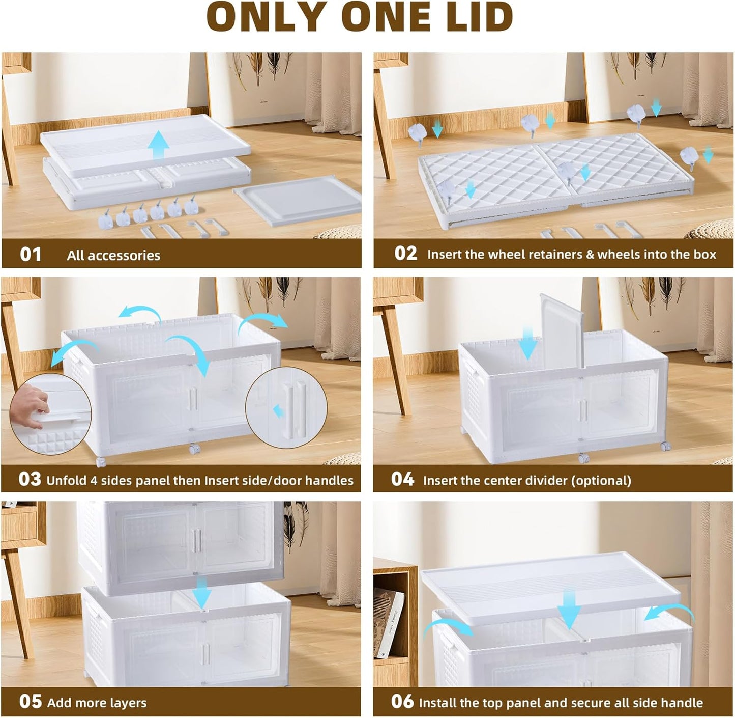 752QT/188Gal 4 Stackable Storage Bins with Lid and 8 doors, Motion Sensor Lights in Cabinets, Large Collapsible Container Box with 6 Wheels, Plastic Foldable Organizer for Home - Pure White