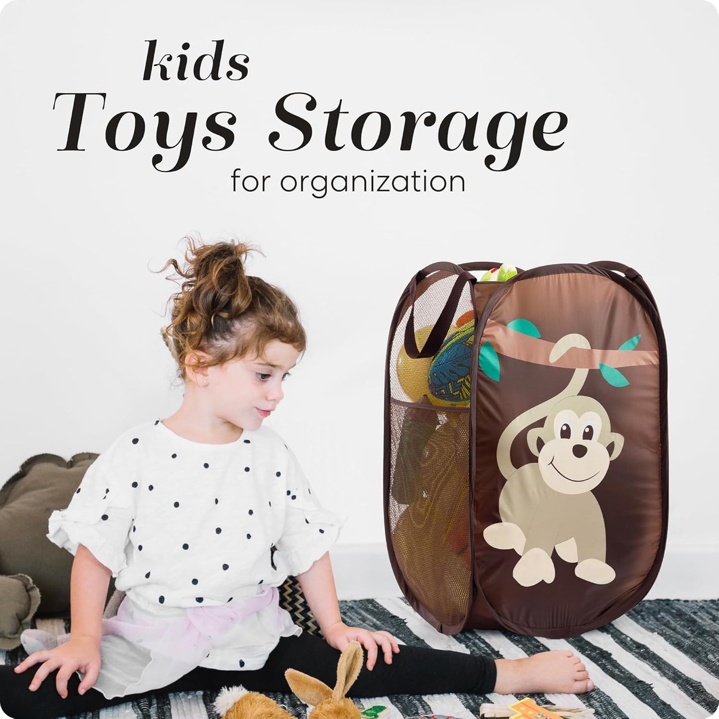 Handy Laundry Collapsible Mesh Pop Up Hamper with Wide Opening and Side Pocket - Breathable, Sturdy, Foldable, and Space-Saving Design for Clothes and Storage (Monkey)