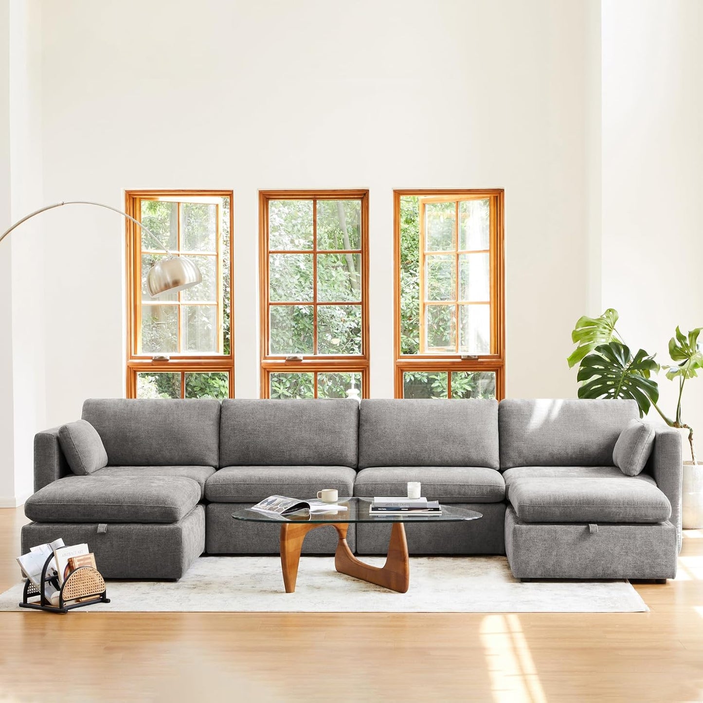 CHITA Oversized Modular Sectional Fabric Sofa Set, Extra Large U Shaped Couch with Reversible Chaise, 146 inch Width, 6 Seat Modular Sofa with Storage Ottamans, Grey