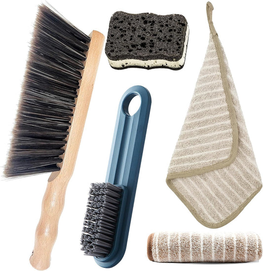 5pcsHand Broom Beech Wood Brush,Dust Brush,Duster for Counter,12inch Foxtail Bench Brush, Round Handle Handheld Brushes,5 Rows Soft Bristles for Bed,Shop Table,Woodworking Cleaning,Car,Sofa,Furniture