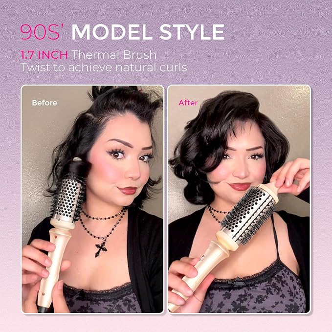 TYMO 2.0 Thermal Brush Curling Brush - STYLUX 1.7" Blowout Volumizer with Flexi-Fit for Hair Straightening, Heated Round Styler Tool, Hair Straightener and Curler 2 in 1, Dual Voltage & Light, Pink
