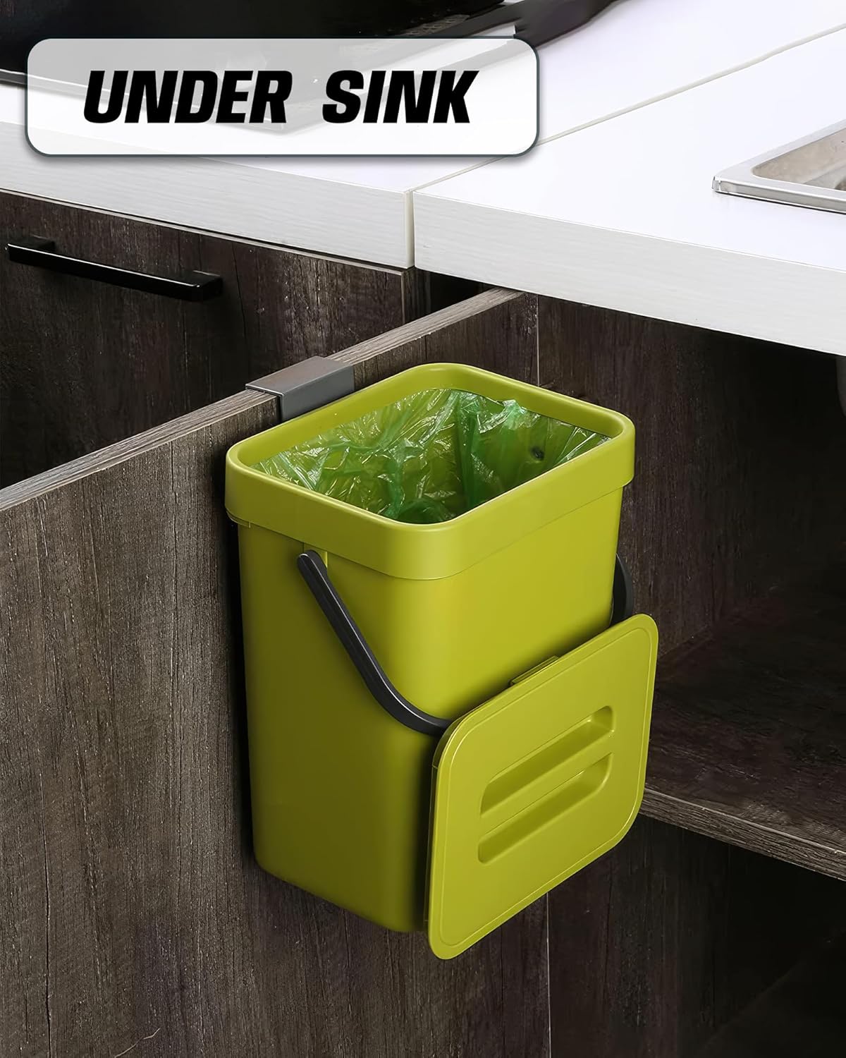 Compost Bin for Kitchen Countertop 5L/1.3 Gal Hanging Small Trash Can with Lid, Kichen Under Sink Trash Can, Wall Mount Indoor Compost Bucket with Lid(Lime Green)