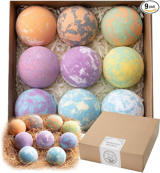 Bath Bombs for Women, 9pcs Handmade Bubble Bath Bombs with Natural Essential Oils, Coco Butters, Holiday Gift for Mother, Wife, Girlfriend, Floral Scents, Rich Bubble and Relaxing Spa