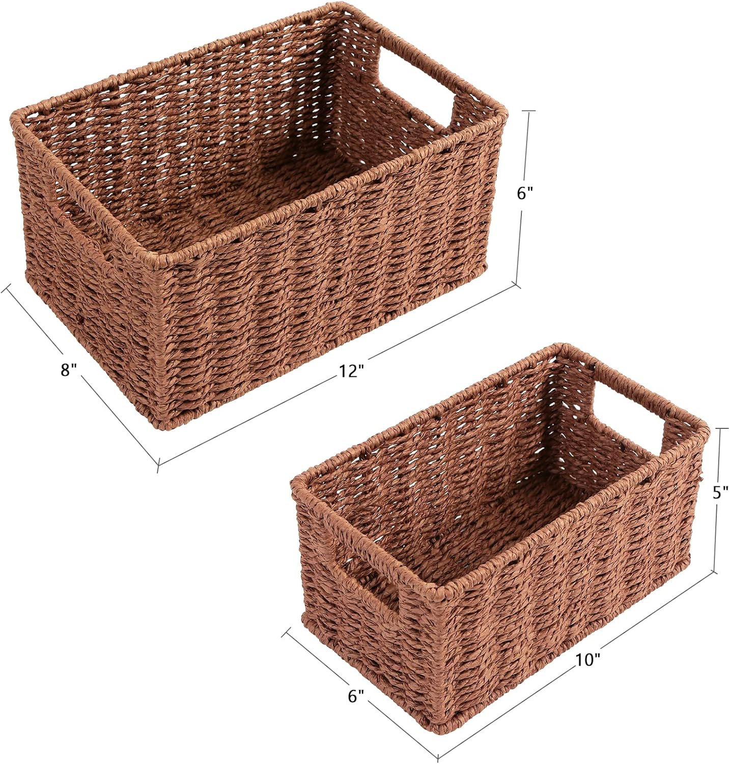 HOONEX Woven Baskets for Storage, Paper Rope Baskets with Sturdy Metal Wire Frame, Baskets for Shelves, Set of 2, Dark Brown