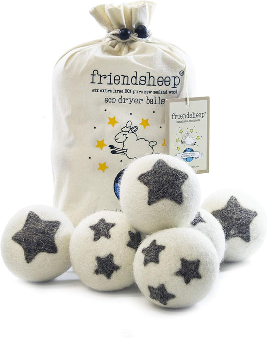 Friendsheep Wool Dryer Balls 6 Pack XL Organic Premium Reusable Cruelty Free Handmade Fair Trade No Lint Fabric Softener Star - Stars Galore