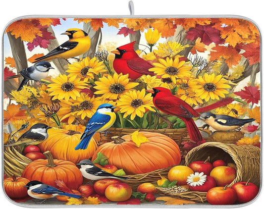 Fall Birds Dish Drying Mat for Kitchen Countertop 18x24 Autumn Pumpkin Sunflower Large Drying Mat Reusable Quick Dry Dish Sink Mats Easy Clean Decorative Essentials