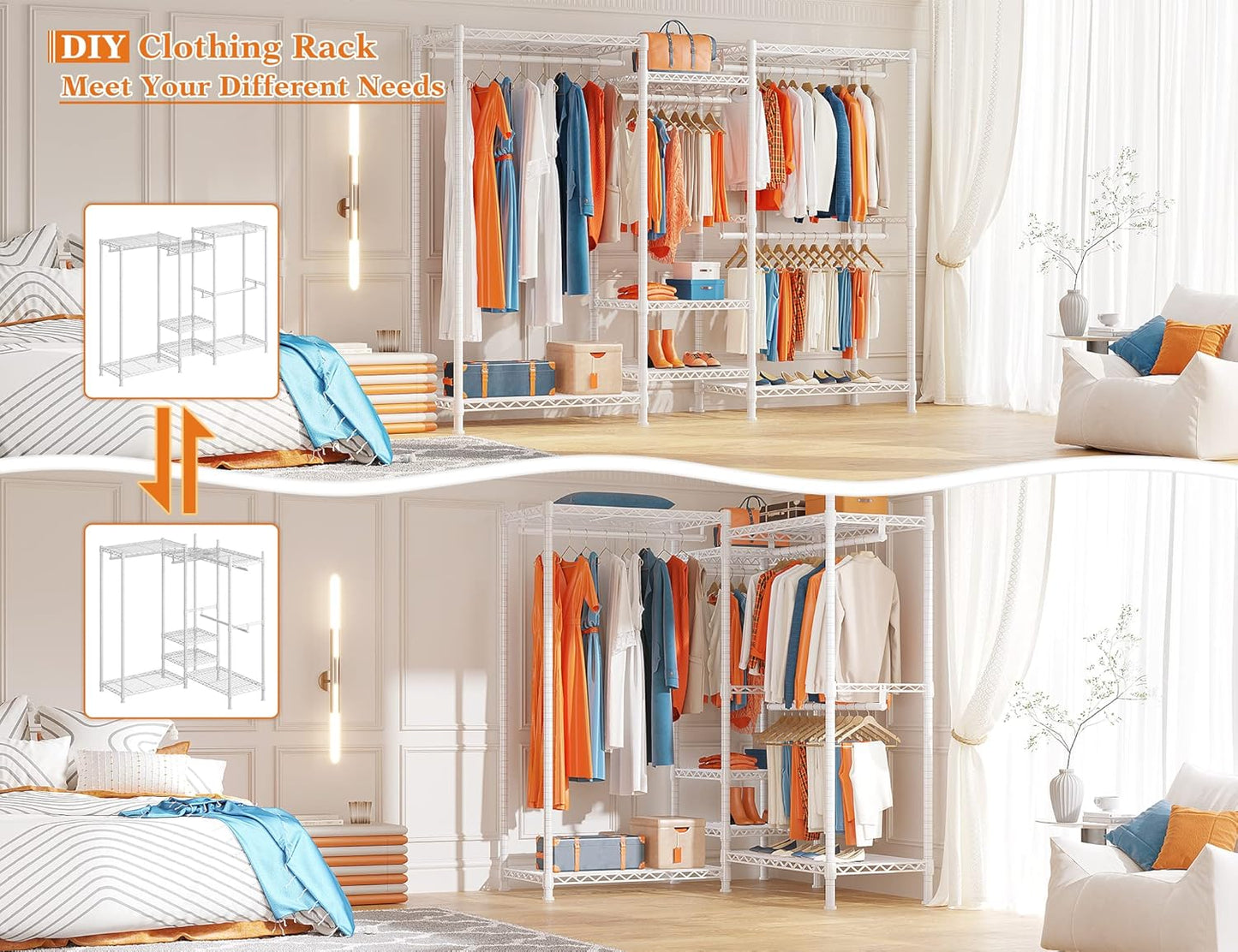 Raybee Clothing Racks for Hanging Clothes Heavy Duty Clothes Rack Load 750LBS Garment Rack, 77" H x 70.5" W x 13.8" D, White