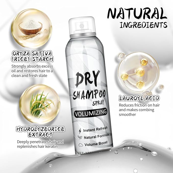 Dry Shampoo Spray,Volumizing Dry Shampoo for Women & Men,Instant Refresh,with Rice Starch & Hydrolyzed Rice Extract,Replenishes Hair Keratin,Nourishes Hair Roots,7.61 oz