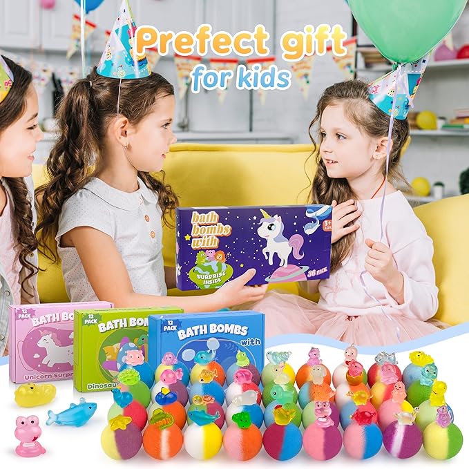 Bath Bombs for Kids with Toy Inside, 36 Pcs Bath Bombs with Glow in The Dark Dinosuar, Animal and Ocean Surprise Inside, Handmade Organic Bubble Bath Ball Gift Set for Birthday, Easter, Christmas