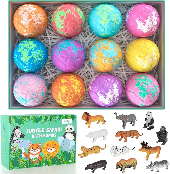 Bath Bombs for Kids with Surprise Inside, 12 Pack Kids Bath Bombs with Jungle Animal Toys for Boys Girls, Safe Handmade Fizzy Balls Dino Egg Bubble Safari Bath Bomb Gift Set for Easter Birthday