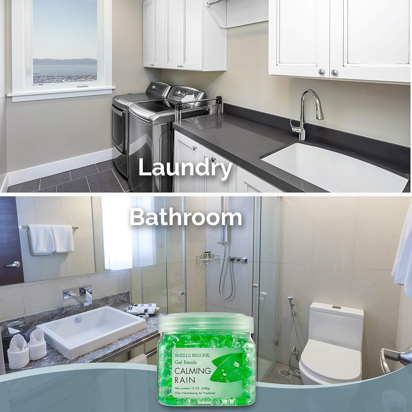 SMELLS BEGONE Odor Eliminator Gel Beads - Air Freshener - Eliminates Odor in Bathrooms, Cars, Boats, RVs and Pet Areas - Made with Essential Oils - Calming Rain Scent - 12 Ounce