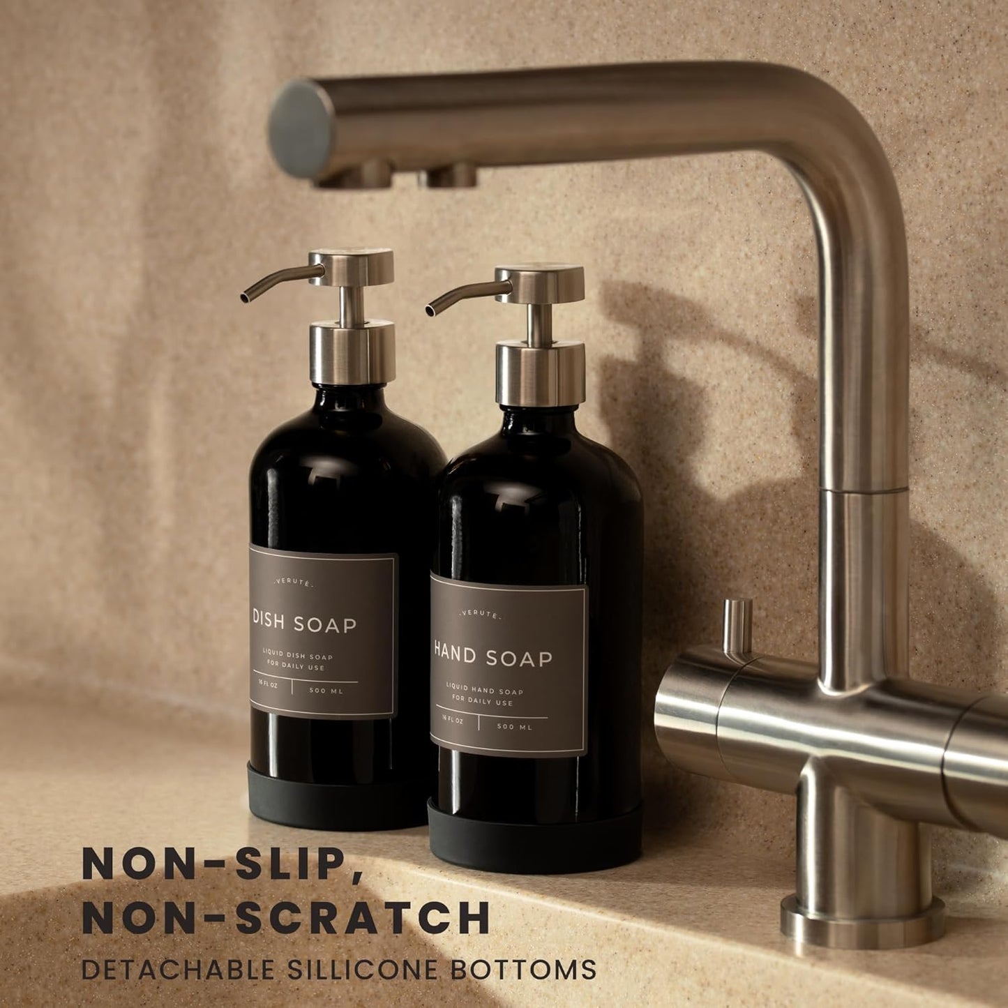 16oz Glass Soap Dispenser with Stainless Steel Pump, 21 Waterproof Labels, Non-Slip Protective Silicone Pad, Set of 2 for Bathroom & Kitchen (Gloss Black Bottle/Brushed Silver Pump)