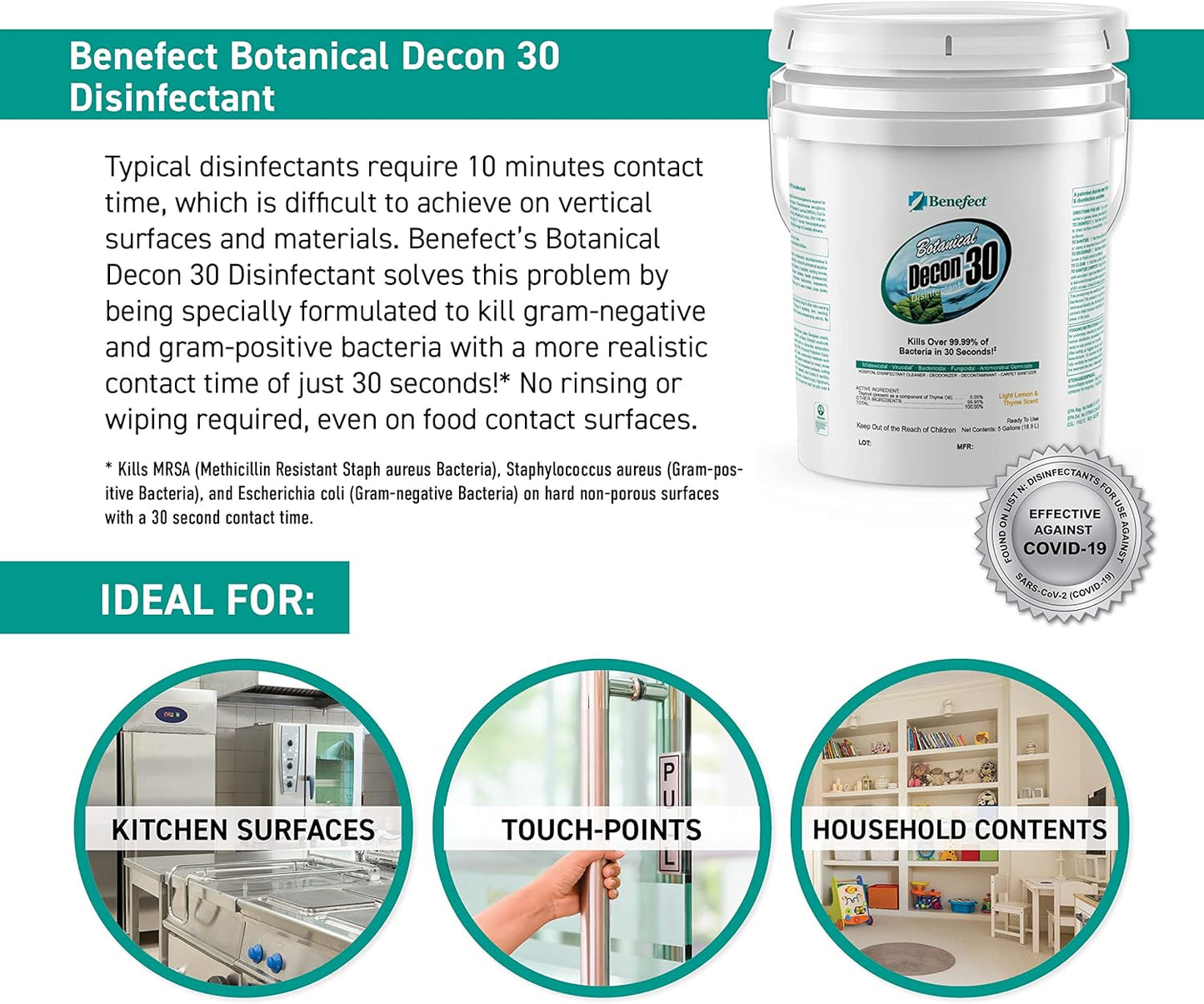 Benefect Botanical Decon 30 Disinfectant Cleaner, 5 Gallon, Light Lemon & Thyme Scent, Hospital Grade Disinfectant, Kills Over 99.99% of Germs, Safe for Food-Contact Surfaces