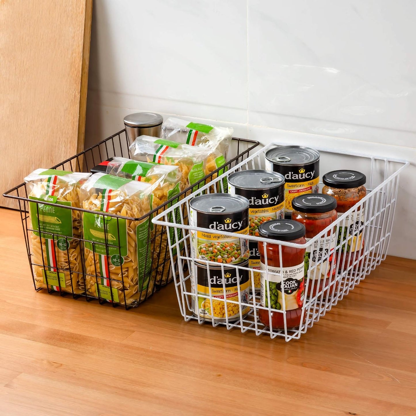 Freezer Wire Storage Baskets,Farmhouse Organizer Storage Bins Large Organizer Bins for Laundry Room, Closets, Garage, Office, Bathroom, Pantry Organization Storage Bins -Set of 2 (Chrome)