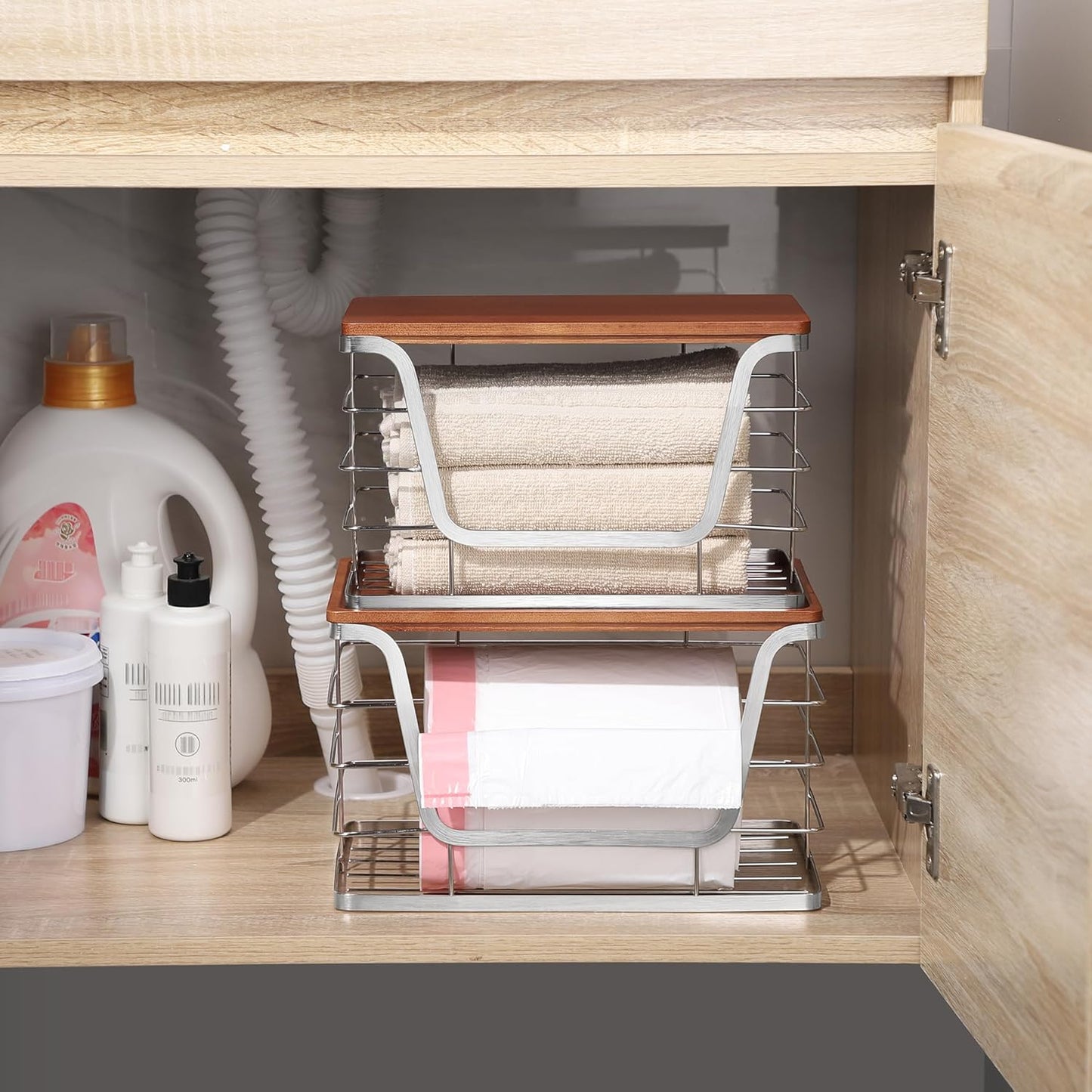 ALOCEO 2 Pack Stackable Storage Bins with Lids, Stainless Steel Extra Large Trash Bag Dispenser for Kitchen Sink, Laundry, Pantry Organizer and Storage, Fit 13/30/33 Gallon Garbage Bags, Walnut Sliver
