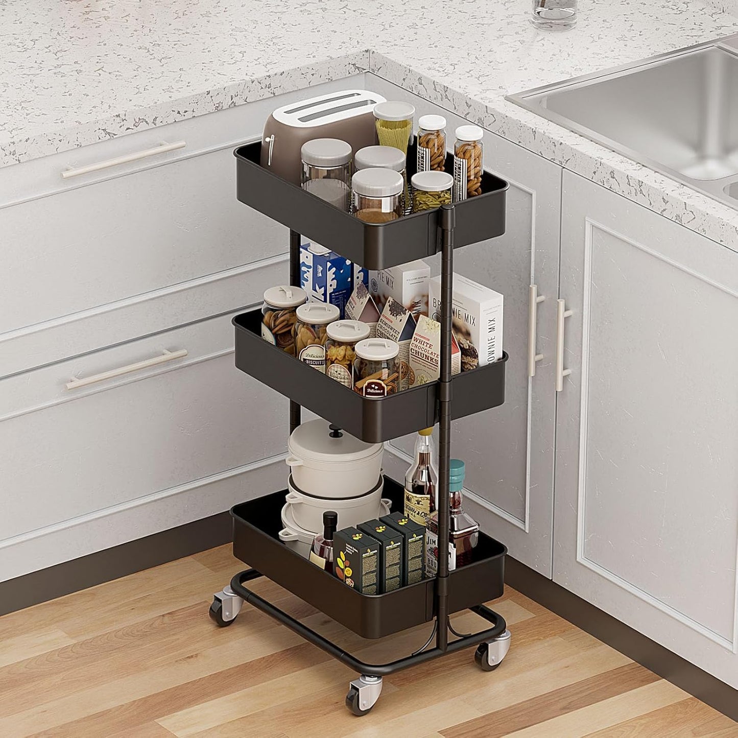 3 Tier Modern Metal Rolling Tool Cart with Silent Casters, 17.72×12.40×35.04 inch Heavy Duty Organization Truck Trolley Organizer for Office, Living Room, Kitchen, (Black)