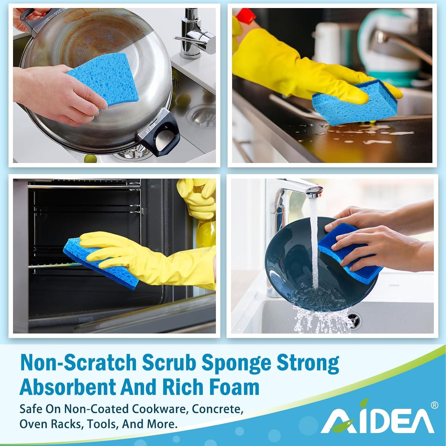 AIDEA Sponges Kitchen, Non Scratch Scrub Sponge, 6Count, Sponges for Non Stick Cookware, Cleaning Sponge for Dishes, Cleans Fast Without Scratching, Cleaning Power for Kitchen, Bathroom, Household